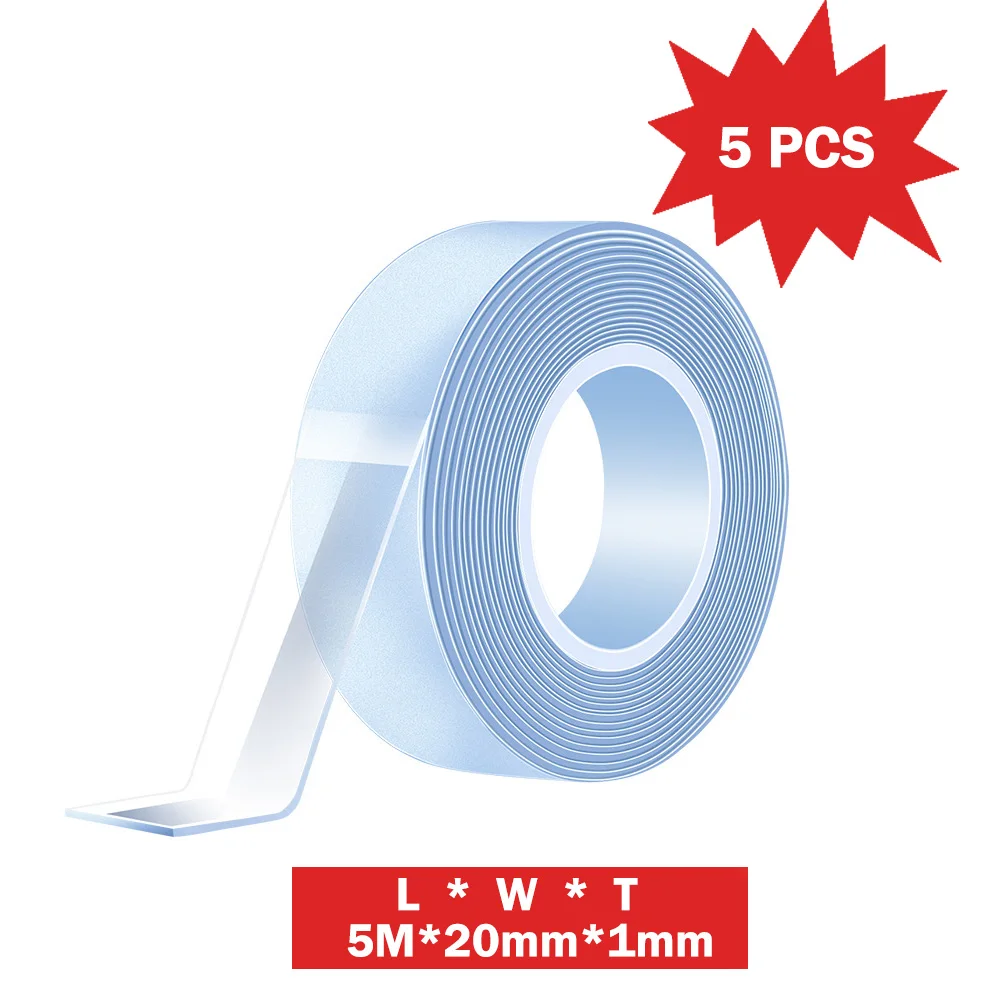 

5PCS 5M*20mm*1mm Nano Double Sided Tape Transparent NoTrace Reusable Waterproof Adhesive Tape