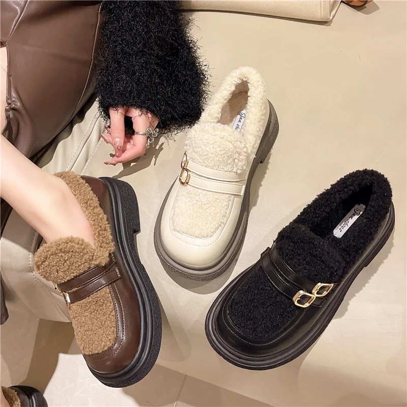 

Winter Shoes Women Oxfords Modis Round Toe Shallow Mouth Autumn Loafers Fur Casual Female Sneakers New Leather 2022 Fall