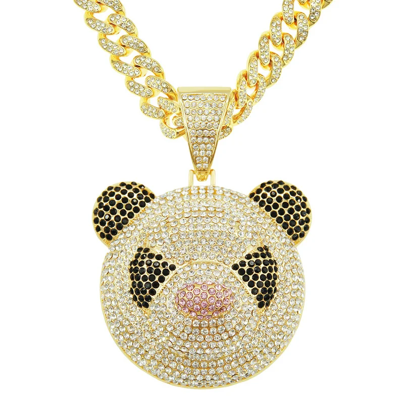 

Hip Hop Punk Bling Iced Out Full Rhinestones Cuban Chain Gold Silver Color Panda Pendant Necklace for Men Women Rapper Jewelry
