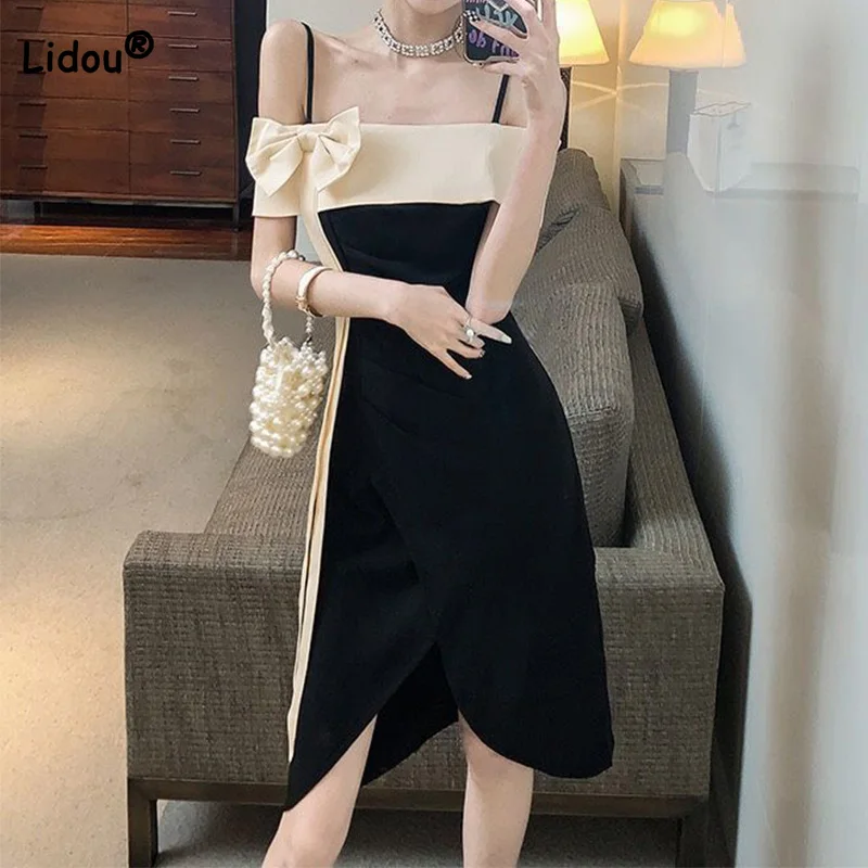 

Женская плиссированная юбка миди без рукавов, черная элегантная Комбинированная юбка составного кроя с бантом на одно плечо, С АСИММЕТРИЧН...