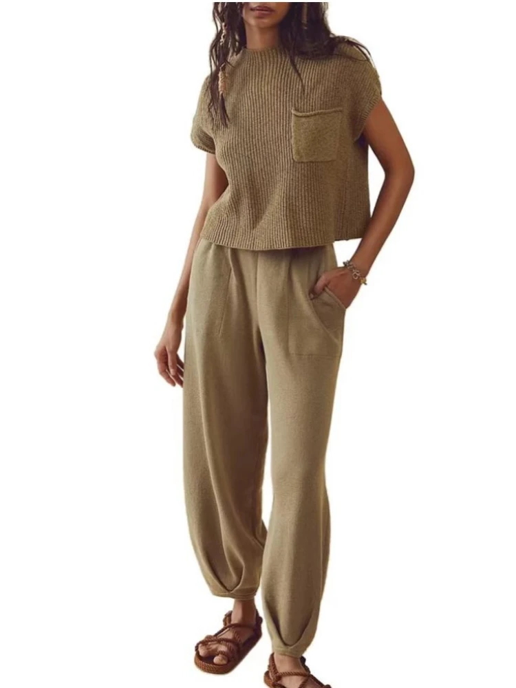 

Женский комплект из двух предметов, трикотажный пуловер с коротким рукавом и леггинсы, элегантная уличная одежда для молодых женщин, весна-лето