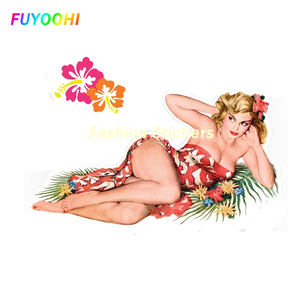

FUYOOHI Exterior/Protection Fashion Stickers Pin Girl Car Bumper Pvc Sticker Island Blonde and Hibiscus Flower Charm Decorative