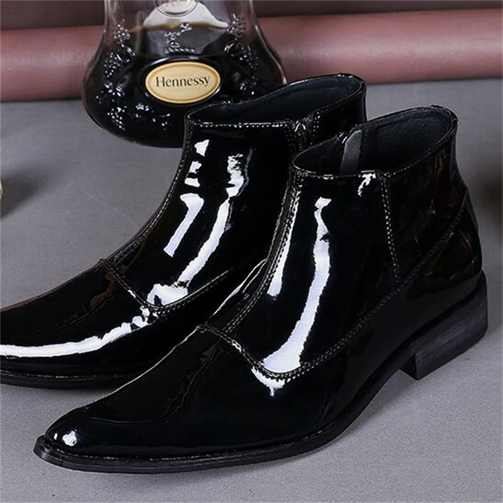 

Black Patent Leather High Heels Pointed Toe Zipper Boots Male Plus Size Fashion Party Wedding Business Vintage Dress Shoes