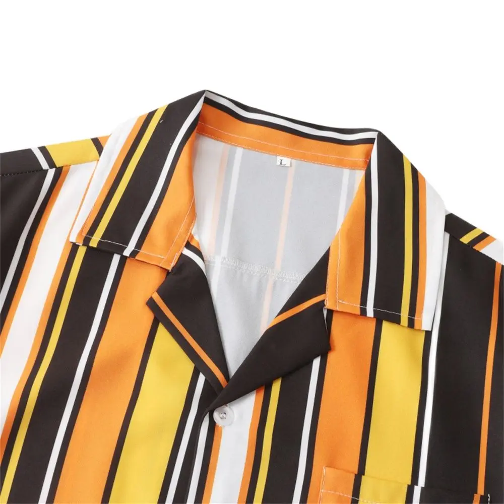 Hawaiian Striped Men's Shirt 2022 New Summer Short Sleeve Top Men Pocket Vintage Print Beach Blouses Fashion Male Clothes