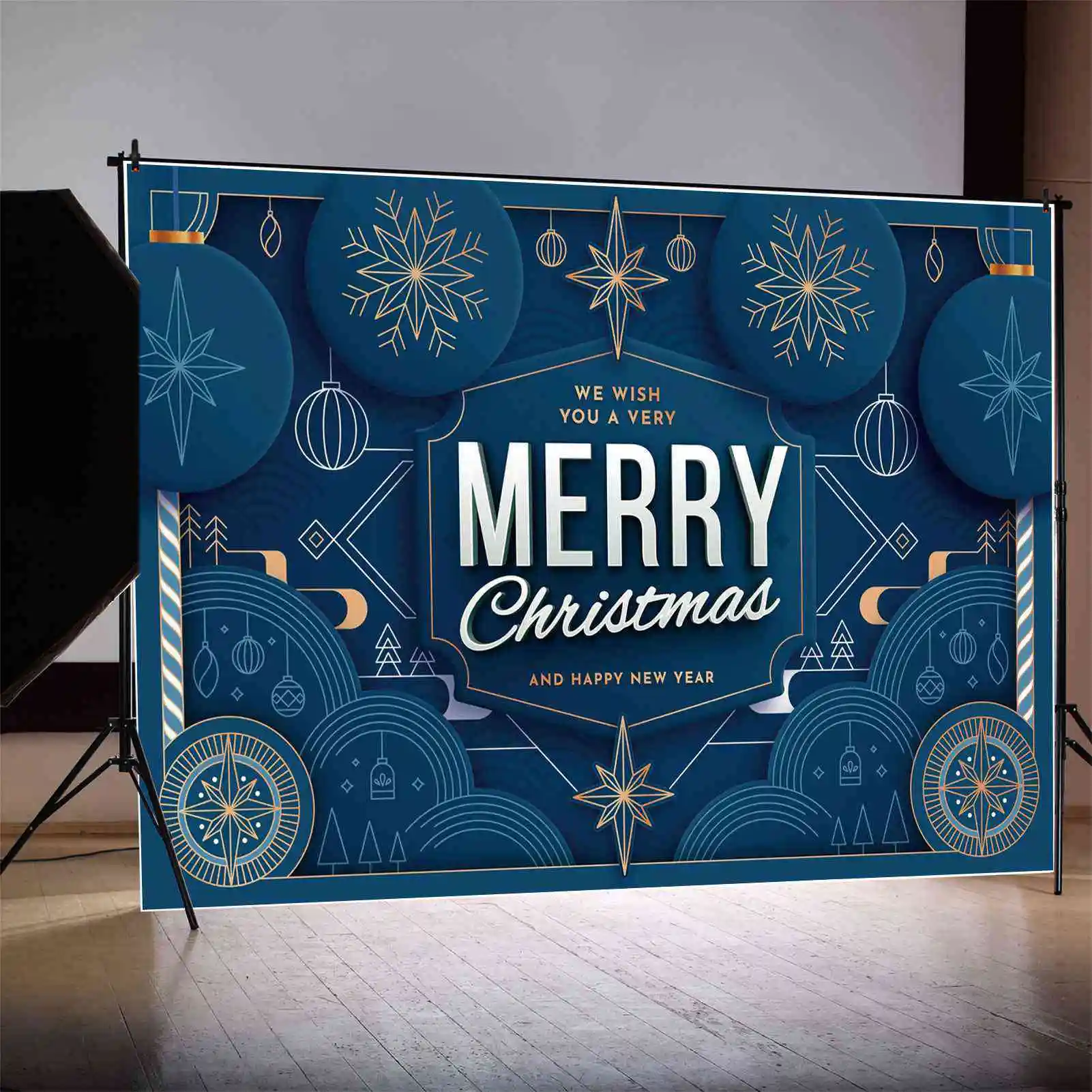 

MOON.QG Backdrop Blue Merry Christmas Banner Board Party Props Decoration Background Children Snowflake Lantern Tree Photo Booth