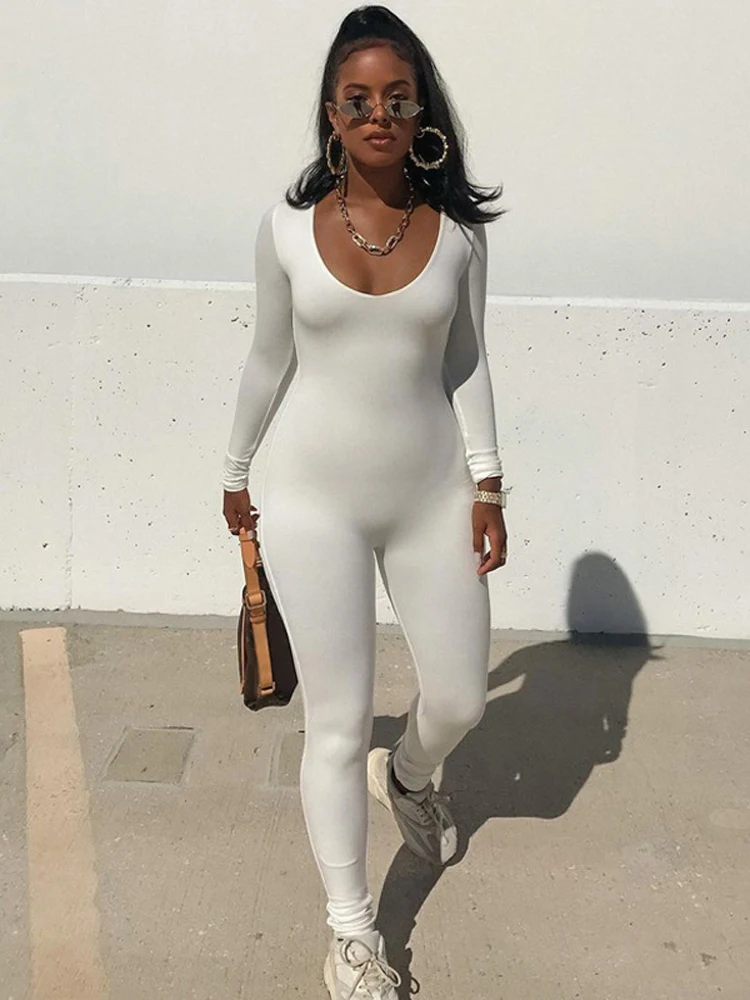 

Tossy Hot Skinny White Jumpsuit Casual Female Long Sleeve Bodycon Overalls Long Romper High Waist Fitness Jumpsuit For Women New