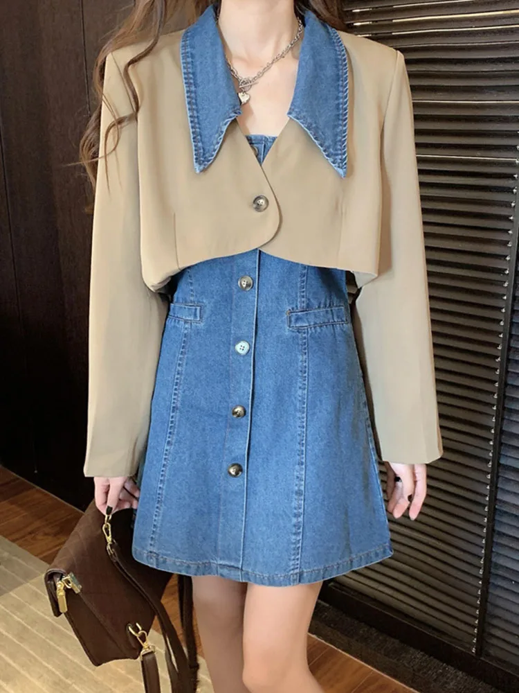 Spring Summer Women's Sets 2022 New Turn Down Collar Long Sleeve Cropped Cardigan+High Waist A-Line Spaghetti Strap Denim Dress