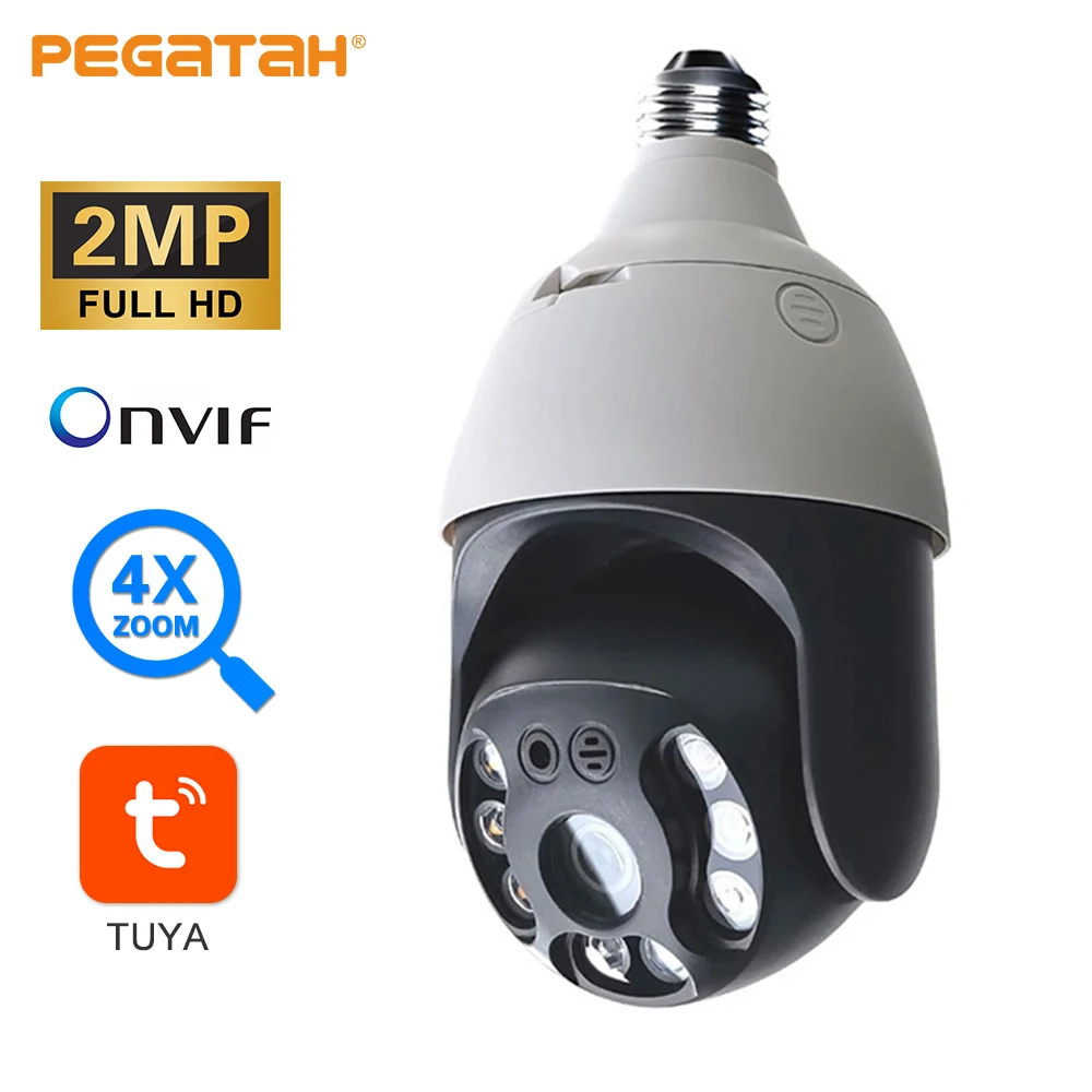 

PEGATAH 5MP Dual Lens IP Camera E27 Bulb Outdoor Wifi 4X Zoom 360° Panoramic Security Surveillance PTZ Camera for Tuya Smart APP