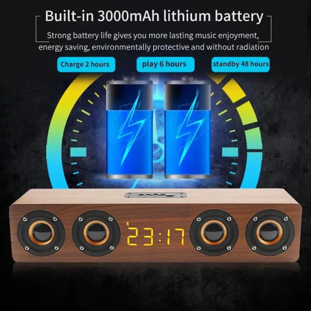Перезаряжаемый деревянный будильник с Bluetooth-саундбар сабвуфером динамиком и