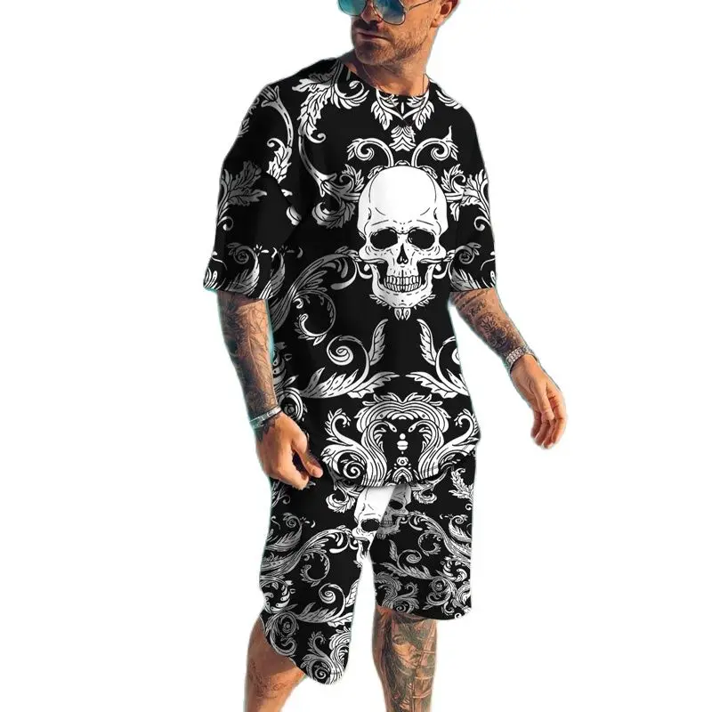 

2023 Men Summer Streetwear Beach Funny 3D Pattern Printed Sportswear Round Neck Short Sleeved T-shirts Fashion Trend Design Sets
