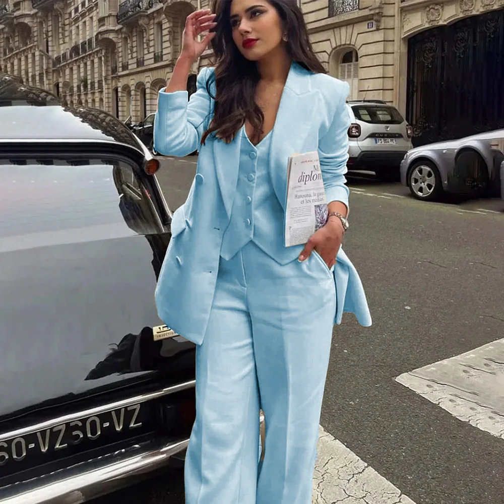 Women's Suit 2023 Spring New Fashion Three-Piece Double Breasted Solid Color Elegant Office Ladies Blazer Female Casual Pantsuit