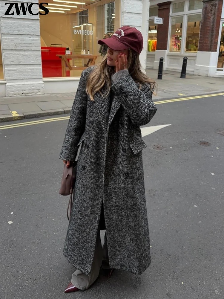 Женское однотонное шерстяное двубортное пальто с длинными рукавами