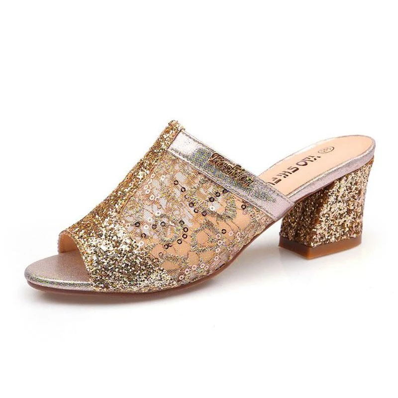 Big Slippers 34-41 Bling Sequins Mules High Heels Summer Peep Toe Fashion Elegant Party Shoes Non-slip Slides Womens Slippers