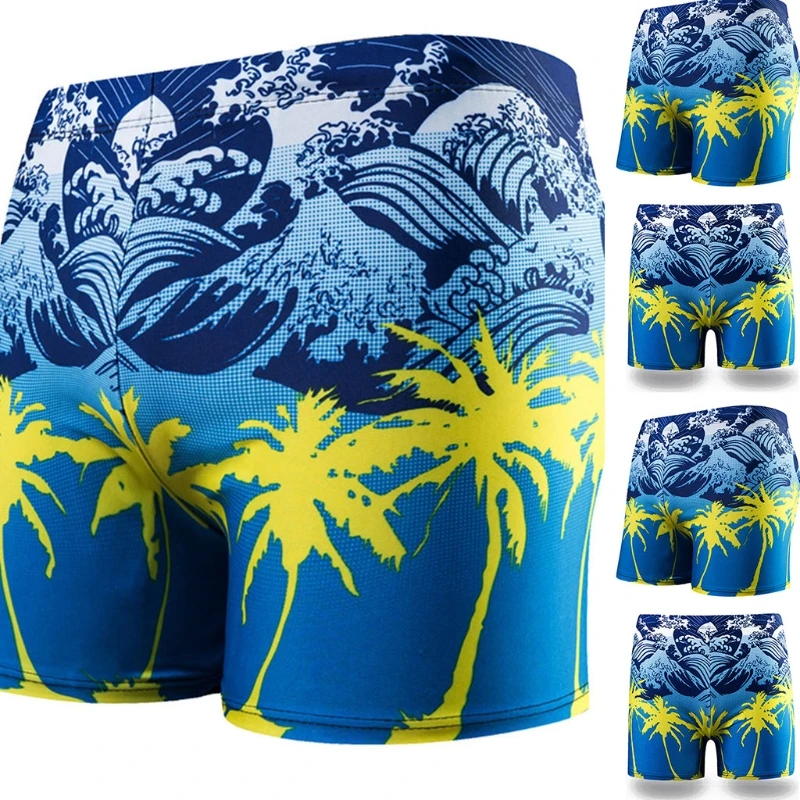

Mens Square Leg Quick Dry Swimsuit Tropical Coconut Tree Digital Print Boxer Swim Briefs Drawstring Waist Bikini Trunks Athletic
