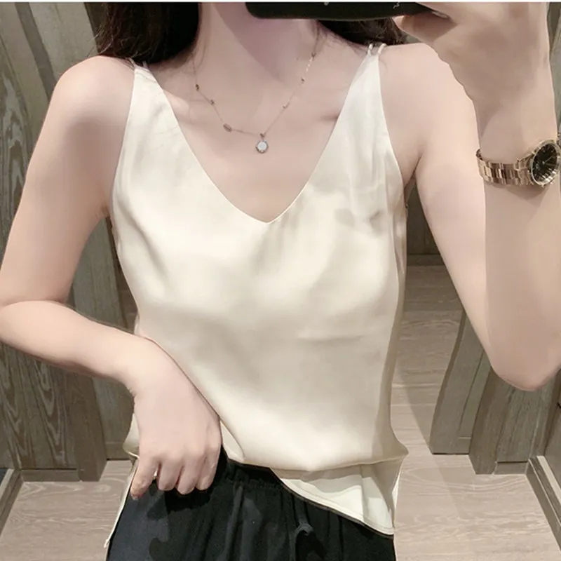 

Silk Women's Tank Tops Satin Silk Tank Tops Women Sleeveless Camisole White Tops V-neck Basic Solid Color Sexy Tank Top Women