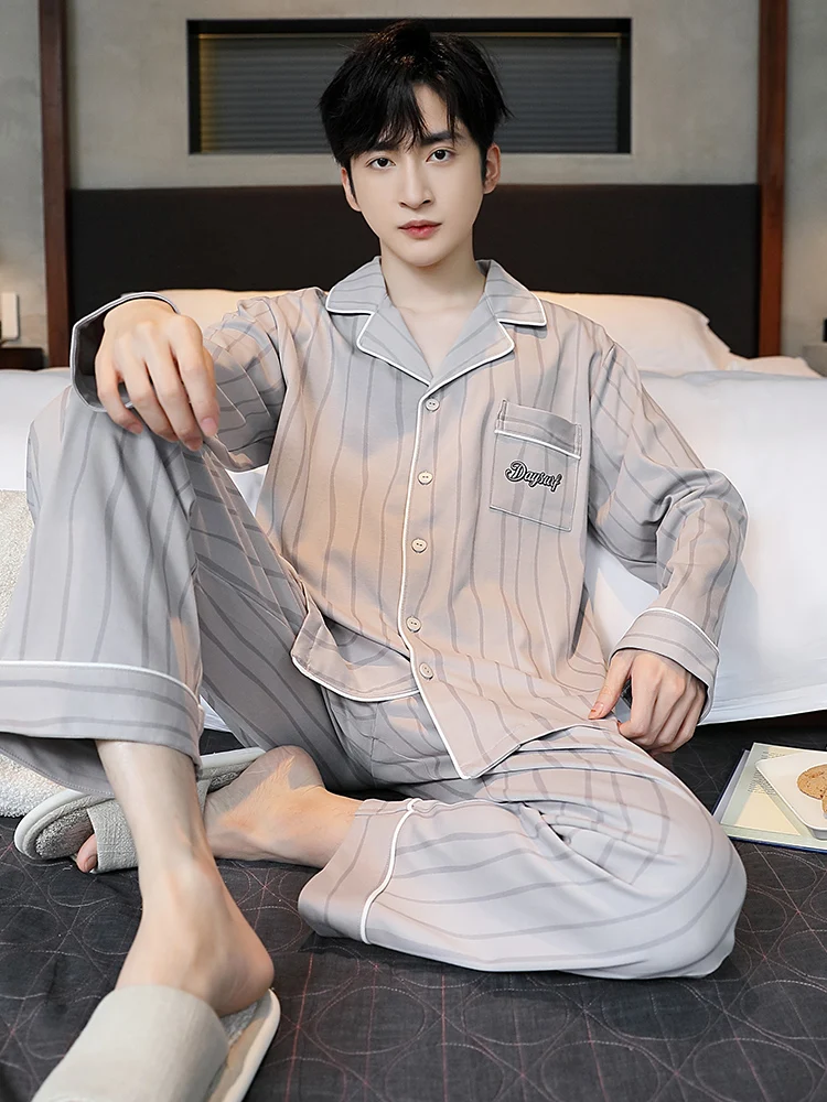 2024 New Pajamas Men's Spring and Autumn Cotton Long sleeve Pants Loose Simple Winter Home Wear Set