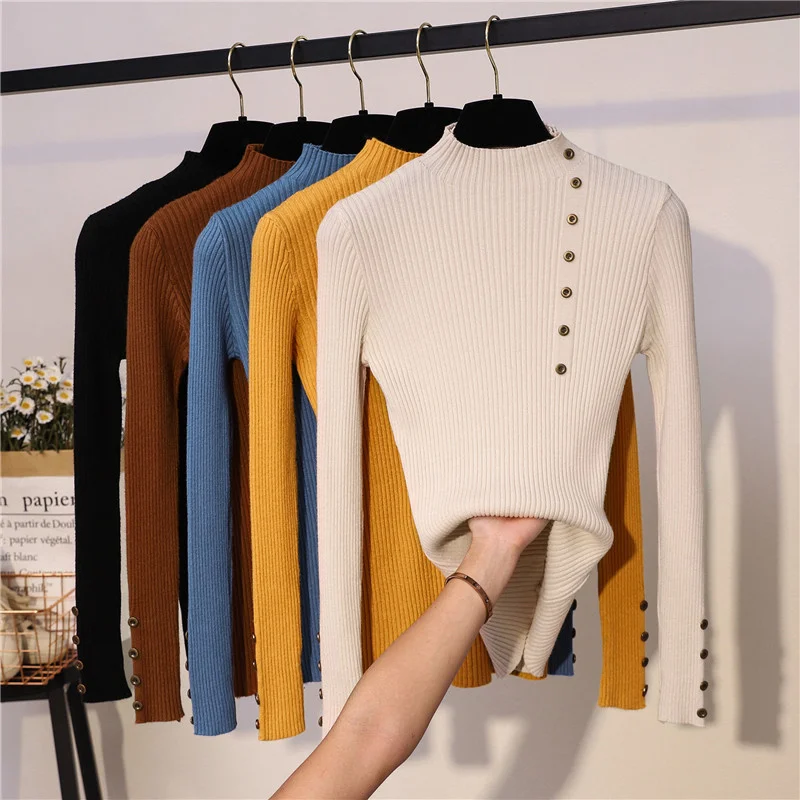 

Hot Sale 2023 New autumn women ladies Turtleneck Button Sweater shirts Solid Knitted Pullover ldies Slim Soft Jumper Sweater Fem