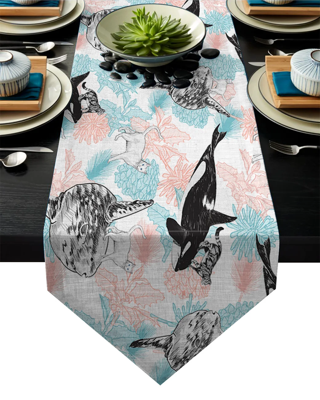 

Cartoon Nordic Flowers Dolphin Cat Table Runner for Family Dinner Wedding Party Holiday Farmhouse Thanksgiving Christmas