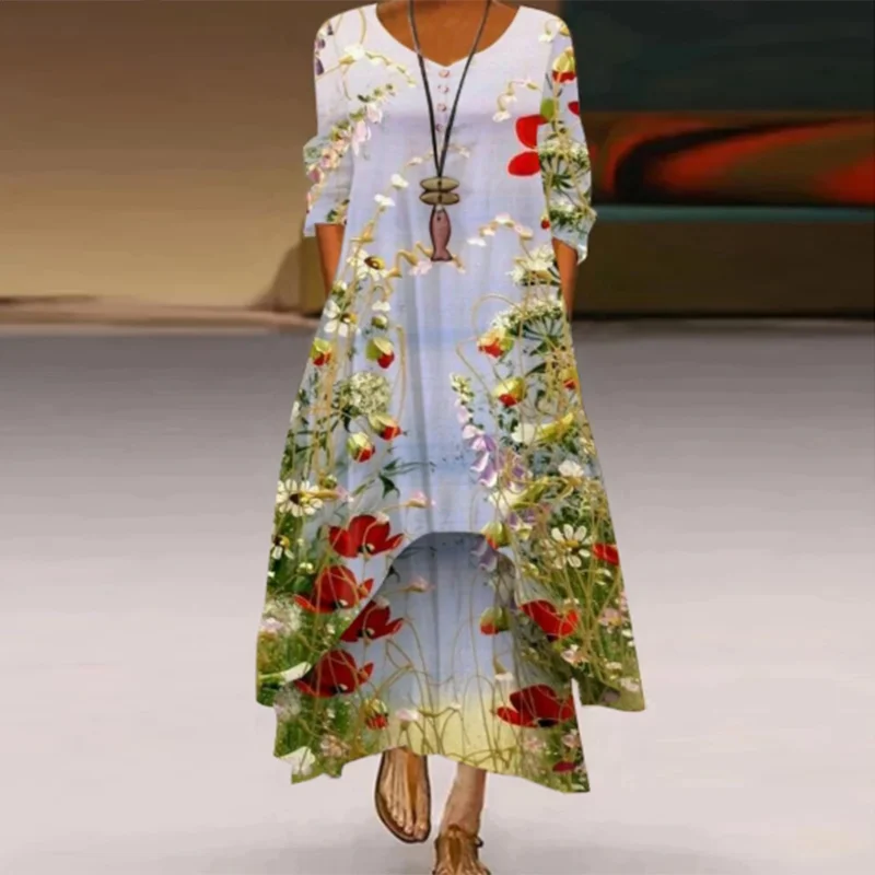 Женское винтажное платье с цветочным принтом повседневное свободное макси