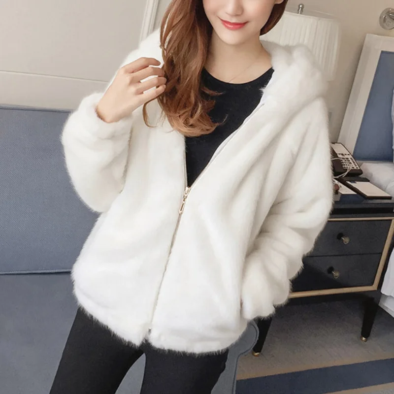Fur Winter Soft Mink Faux Fur Coat Warm Artificial Fur Hooded Oversized 2023 Fashion Women White Black Jacket Rabbit Imitation