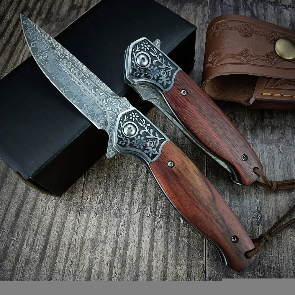 

Дамасский стальной складной карманный нож с деревянной ручкой высококачественные тактические ножи для повседневного использования инструмент для кемпинга охоты рождественские подарки