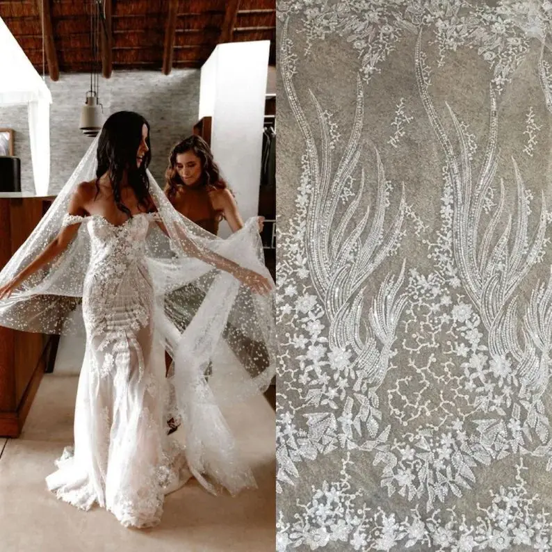 

3 ярда, низкая цена, высокое качество, белые тяжелые бусины, свадебное платье, кружевная ткань, блестки, африканская нигерийская кружевная ткань