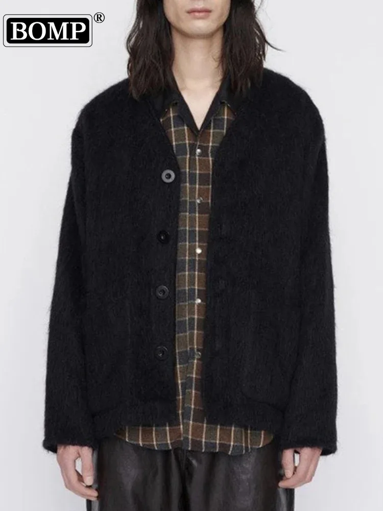 [BOMP] маленький нишевой меховой Однотонный свитер с V-образным вырезом Свободный