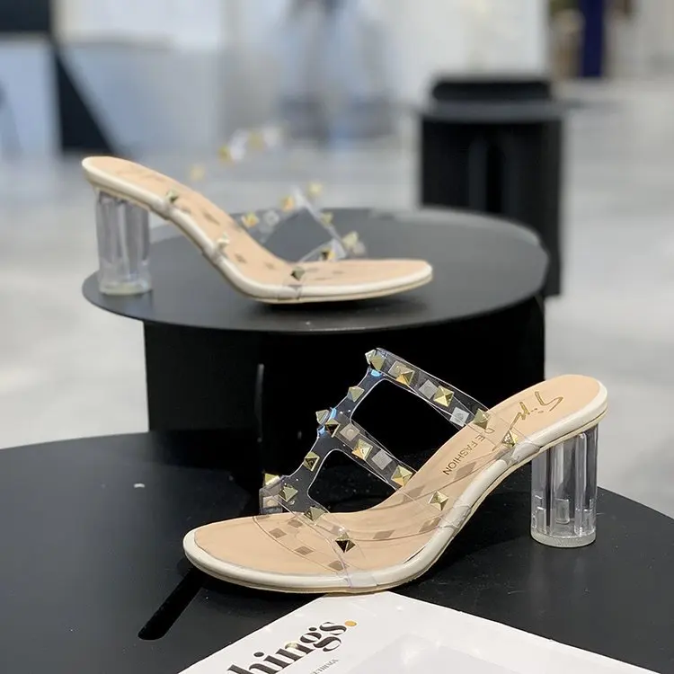

Woman 2022 PVC Jelly Sandals Crystal Rivet Open Toe High Heels Women Transparent Heel Sandals Ladies Slippers Pumps Shoes