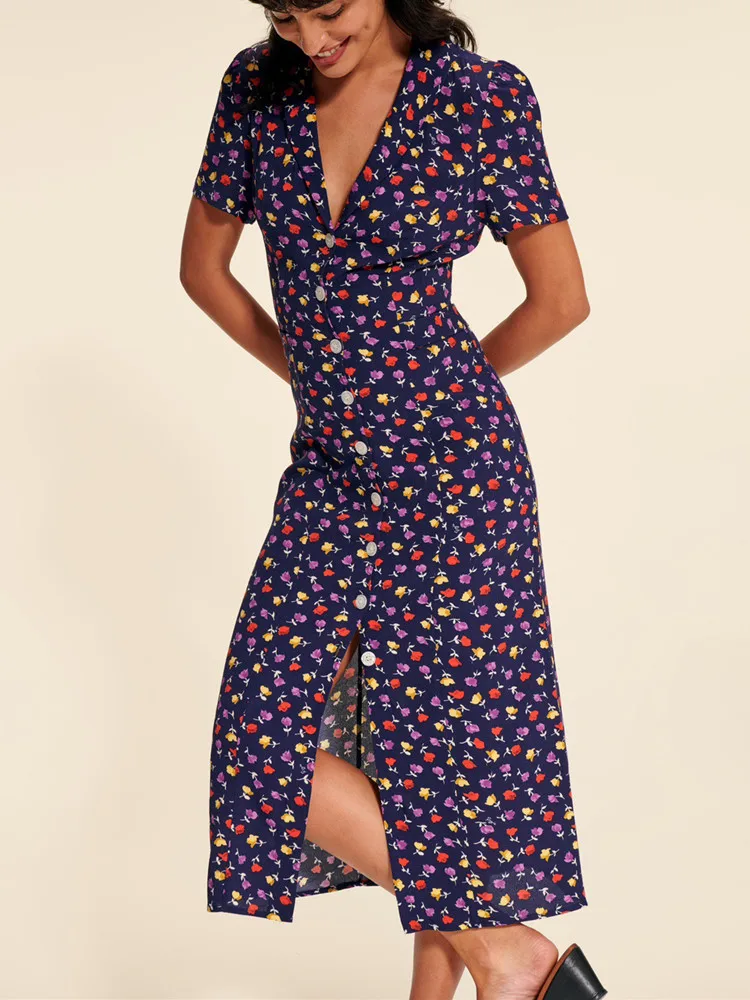 French Women V-Neck Floral Print Midi Dress Spring 2023 Lady Front Single-Breasted Slim Short Sleeve Pastoral Style Long Robes