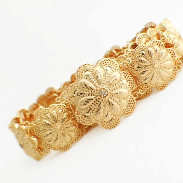 

Arabic Midddle East Luxury Bridal Dress Belt Gold Plated Metal Flower Wedding Belts Long Chain Ethnic Wedding Accessories