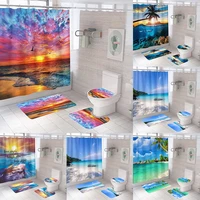 beach scenery shower curtain sets non slip rugs toilet lid cover bath mats ocean waves sunset waterproof fabric bathroom curtain