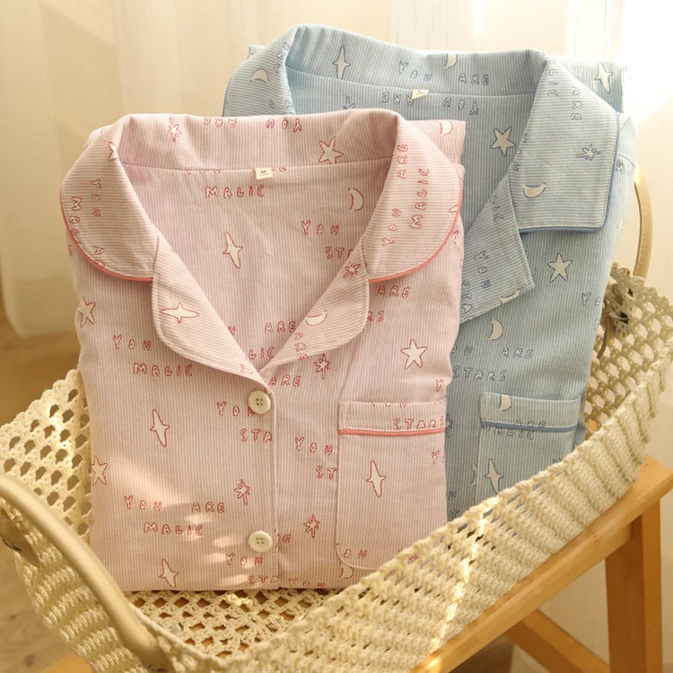 2021 Manqiu spring summer new couple long sleeved trousers cotton gauze suit men's and women's home clothes pajamas