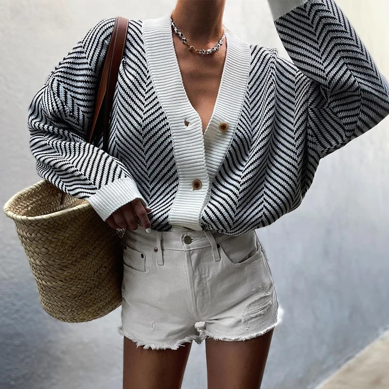 

Foridol Striped Oversize White Black Autumn Winter Women Cardigans Sweater V Neck Cozy Femme Cardigans Sueter Mujer