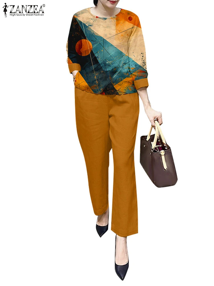 ZANZEA женские повседневные комплекты из 2 предметов 2024 осенняя блузка с принтом для