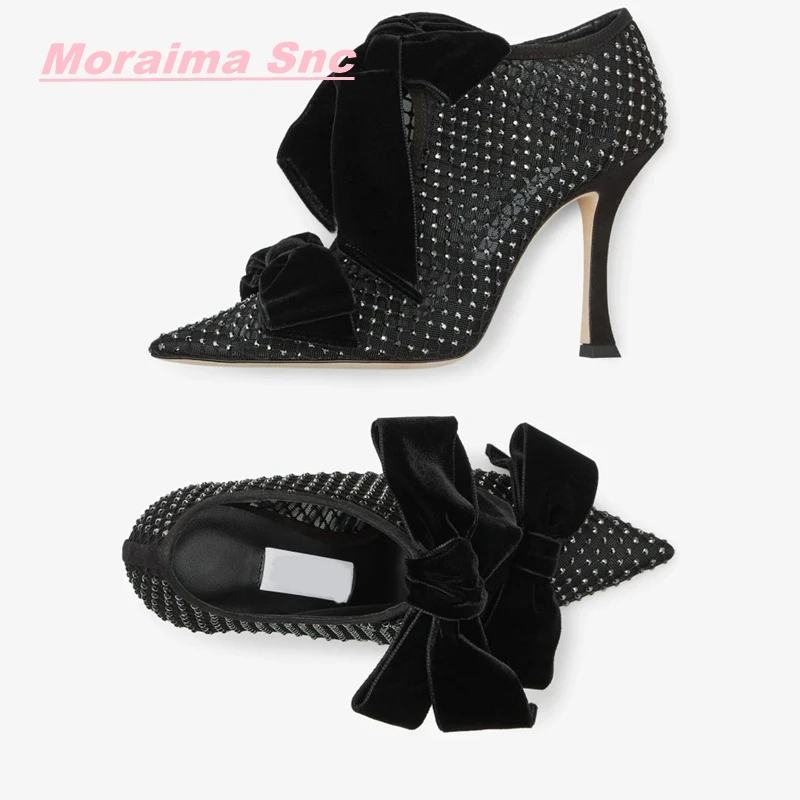 Rhinestone Glitter Women Fashion Summer Pumps New Bowknot Pointed Toe Solid Luxury Lace Up  Sexy Hollow Thin High Heel Shoes