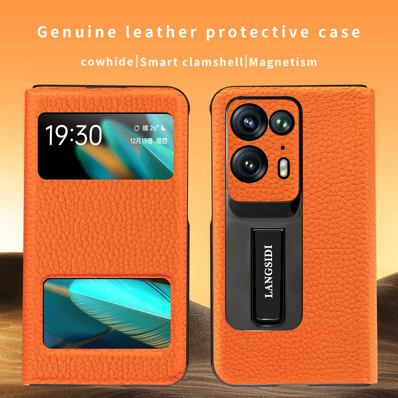 

Original Genuine Cowhide Leather Flip Phone Case for OPPO Find N2 Magnetic Book Winow View Smart Cover with Kickstand Bracket