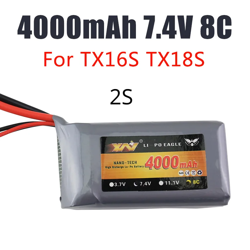 

2S 4000mAh 7.4V 8C Lipo Battery TX16S TX18S TRemote Control Transmitter JST-XH and XT30 Plug Large Endurance