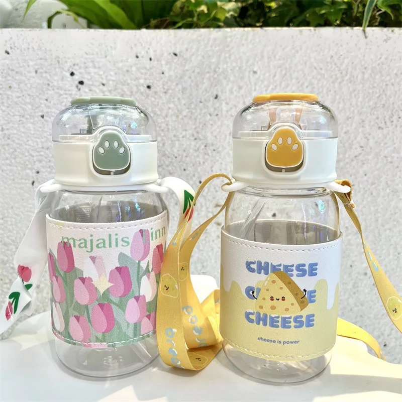 Water Bottle for Girl Flower Plastic Drinking Bottle with Straw Sports Fitness Cup with Rope Low Price Items Free Shipping