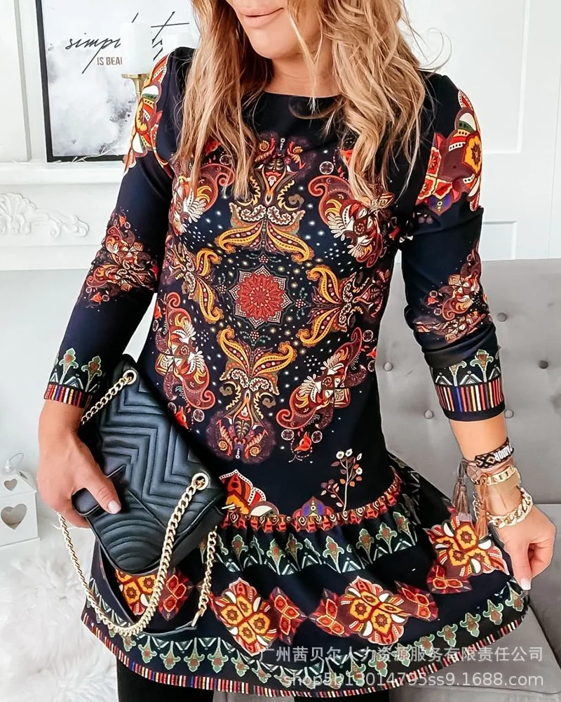 

New Vintage Print Lace Dress Casual Long Sleeved Dresses Spring Hot Skirt