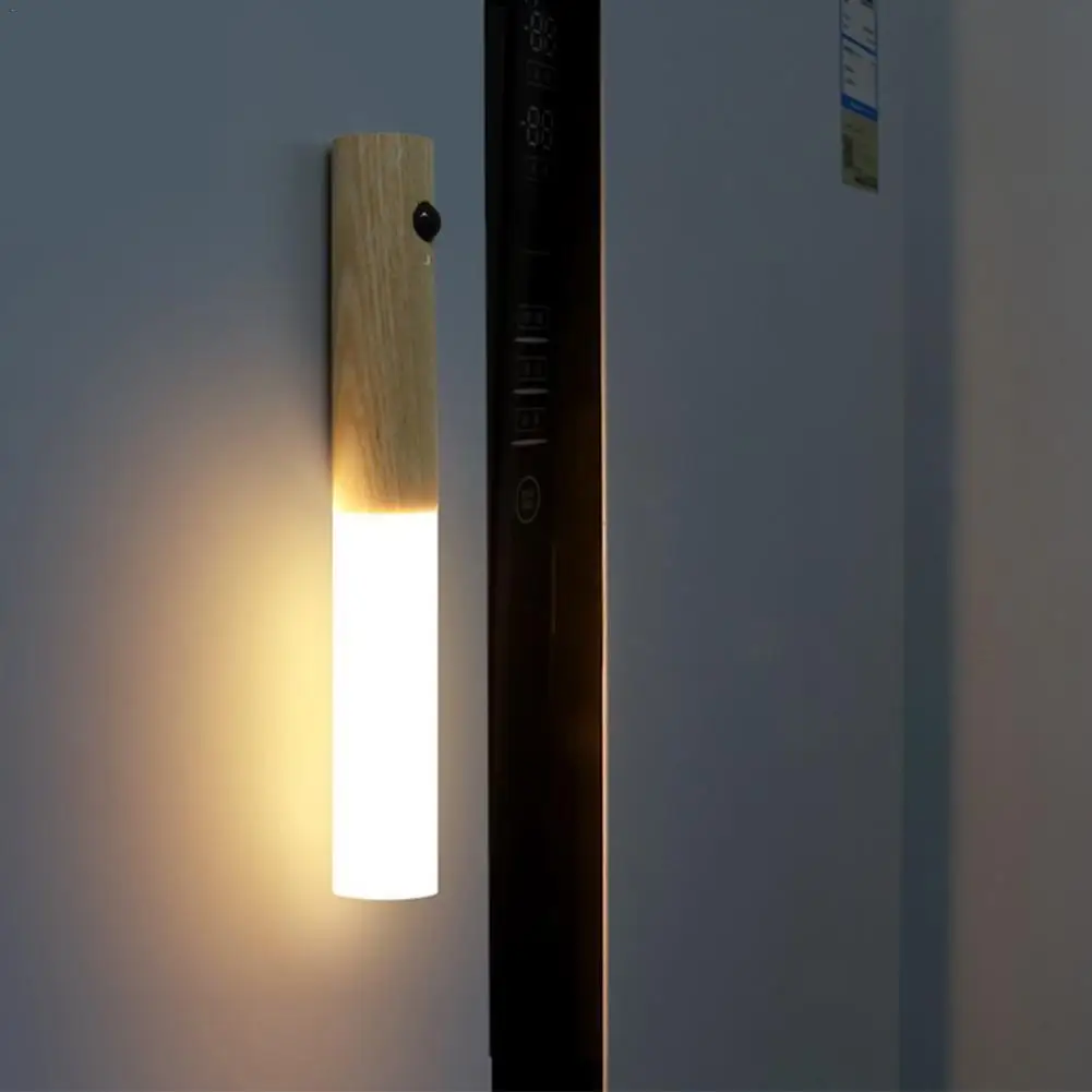 

LED Wood Wireless PIR Night Light USB Wall Lamp Kitchen Cabinet Closet Lamp Home Bedroom Table Lamp Bedside Lighting Light