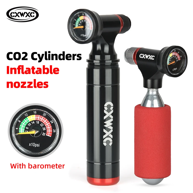 Фото CXWXC Мини Портативный CO2 Картридж накачиватель с прозрачным манометром MTB дорожный велосипед Schrader Presta CNC алюминиевый сплав C02 насос №1