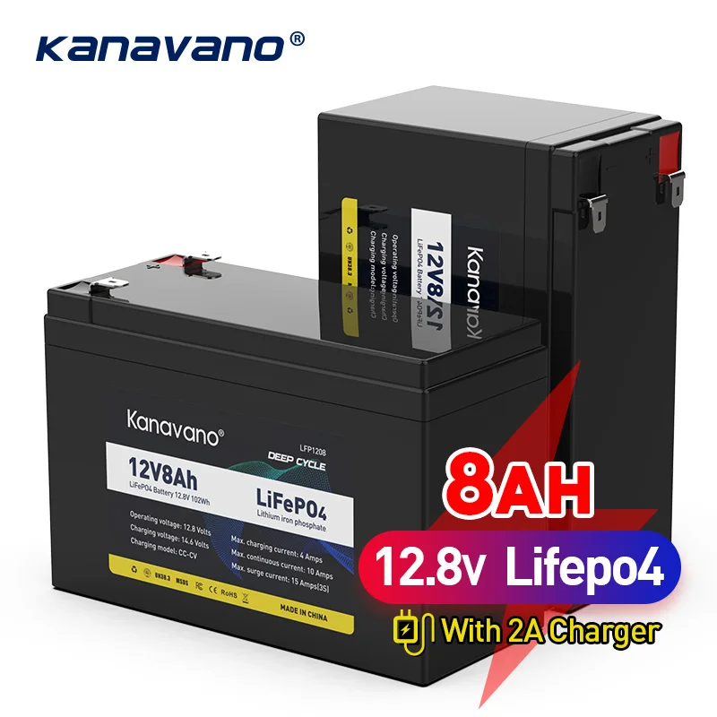Аккумуляторная батарея kanгу Lifepo4, 12 В, 8 Ач, перезаряжаемая батарея глубокого цикла 12,8 В, встроенная батарея BMS для хранения энергии радиоуправляемых игрушек, 2 А, зарядка