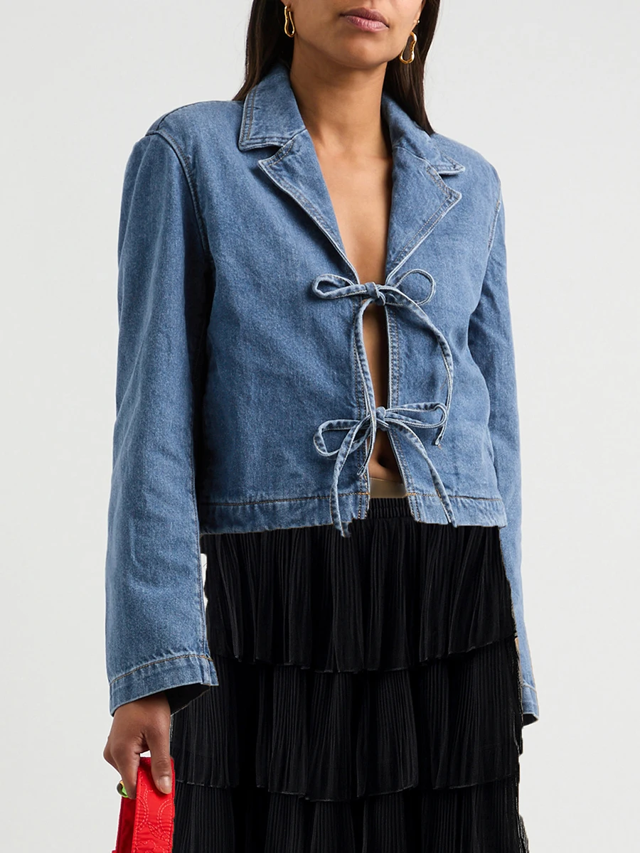 Женская джинсовая куртка однотонные джинсовые топы с лацканами и завязками