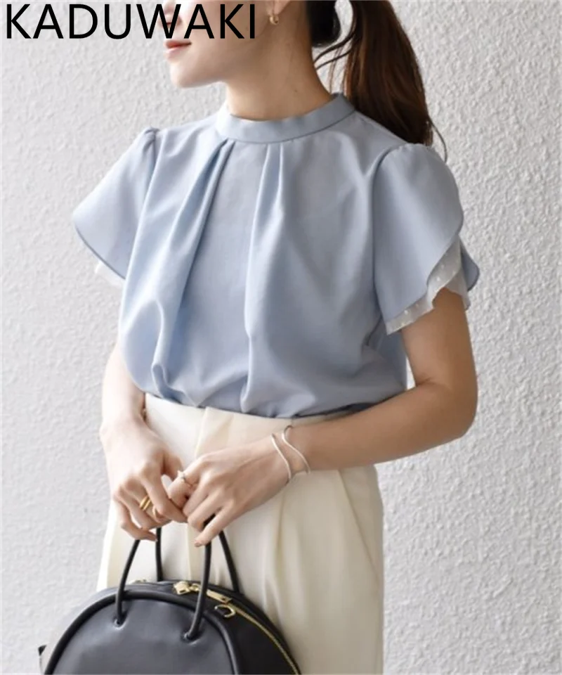 

Однотонные плиссированные футболки, повседневные весенне-летние блузки с воротником-стойкой, футболки с коротким рукавом 2023, женская Свобо...