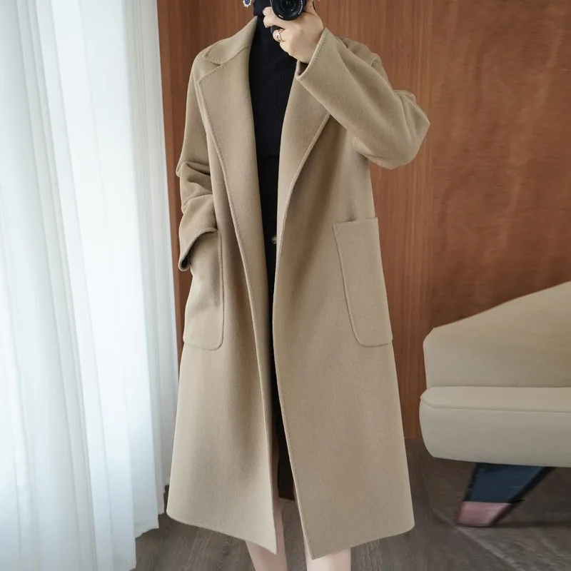 

Новинка 2022, женское длинное шерстяное пальто, высококачественное большое пальто из 100% шерсти на осень и зиму, двустороннее женское кашемиро...