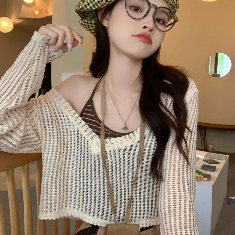 

Summer Hollow Out Long Sleeve Women V Neck T Shirt With Drawstring Striped Suspenders Fashion All-match Sweet Oversized Crop Top