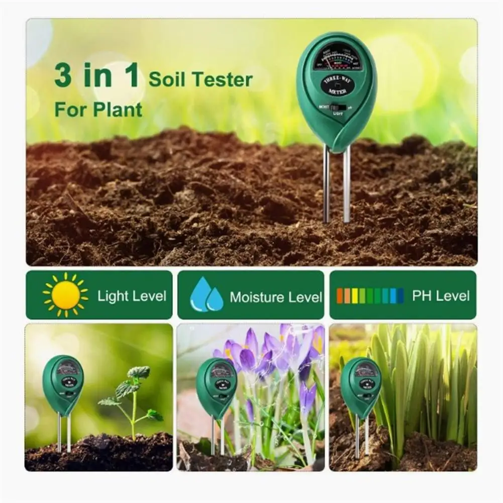 

Тестер почвы 3-в-1, измеритель влажности растений, прибор для проверки PH и освещенности для дома, сада, газона, фермы, ухода за растениями внутри и вне помещения, прибор для проверки почвы
