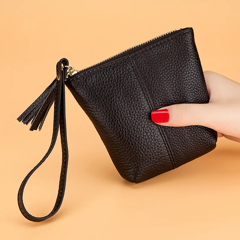 New Leather Zipper Card Bag Women's Tassel Small Change Purse Simple Mini Solid Color Top Layer Cow Leather