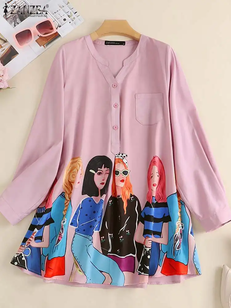 

Весна 2022, женская рубашка ZANZEA с длинным рукавом и принтом, элегантная однотонная туника, модная блузка, повседневный Топ, праздничные женски...