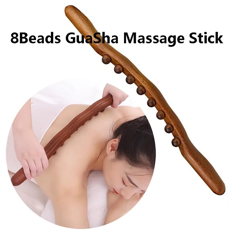 Массажная палочка гуаша из натурального карбонизированного дерева 8 бусин